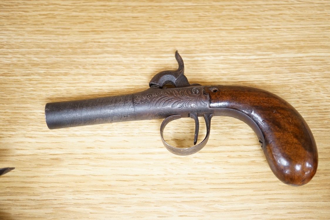A boxlock percussion pocket pistol with turn off barrel etched with ribbon twist, engraved rounded frame, liege proved, with rounded walnut butt